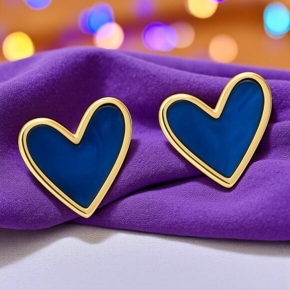 🆕 Royal Blue Enamel Heart Stud Earrings Gold Tone Statement Cute Gift Teen Girl - Picture 1 of 13